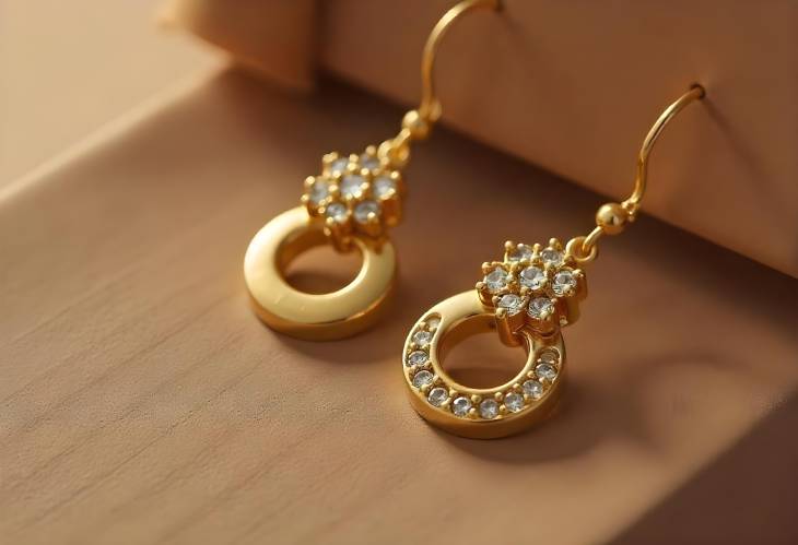 Charming Golden Earrings on Brown Background